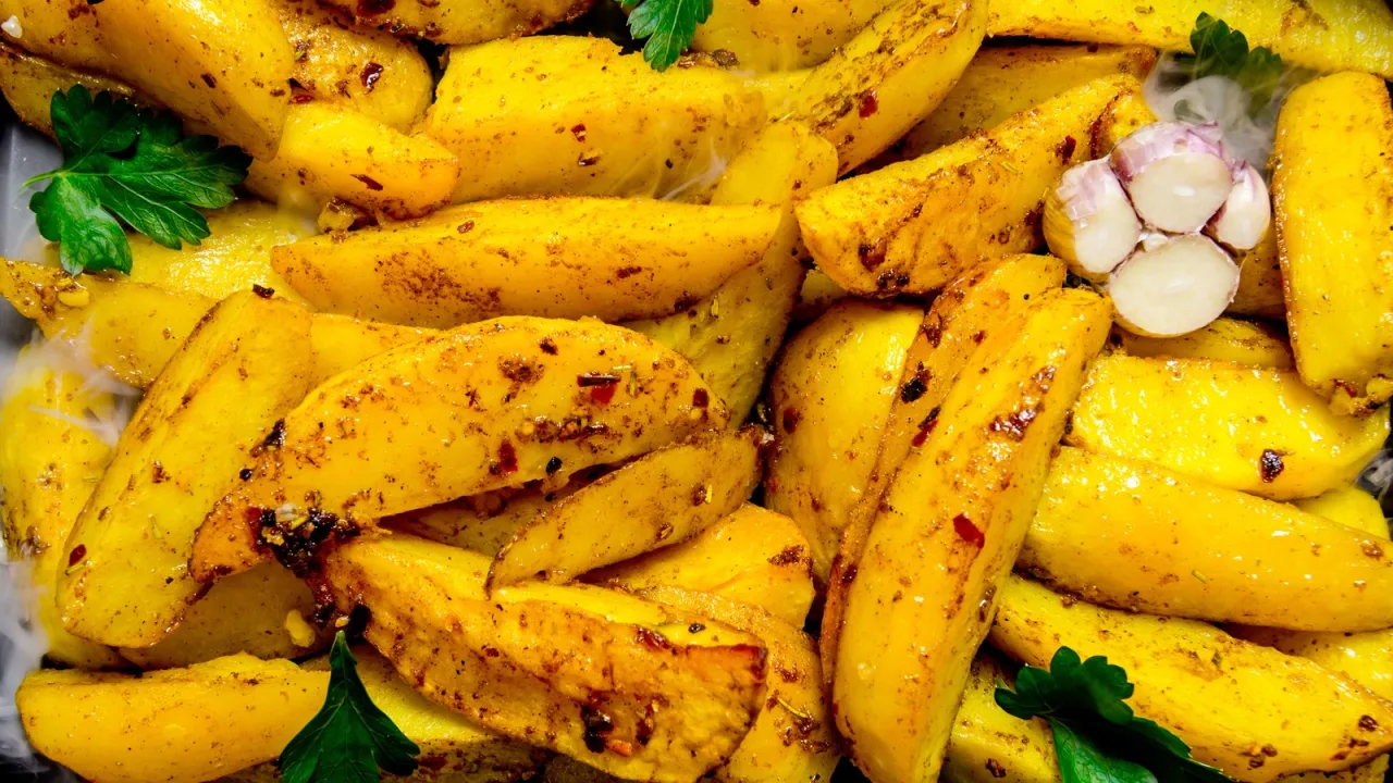 Patatas asadas con ajo: piel crujiente y el interior cremoso.