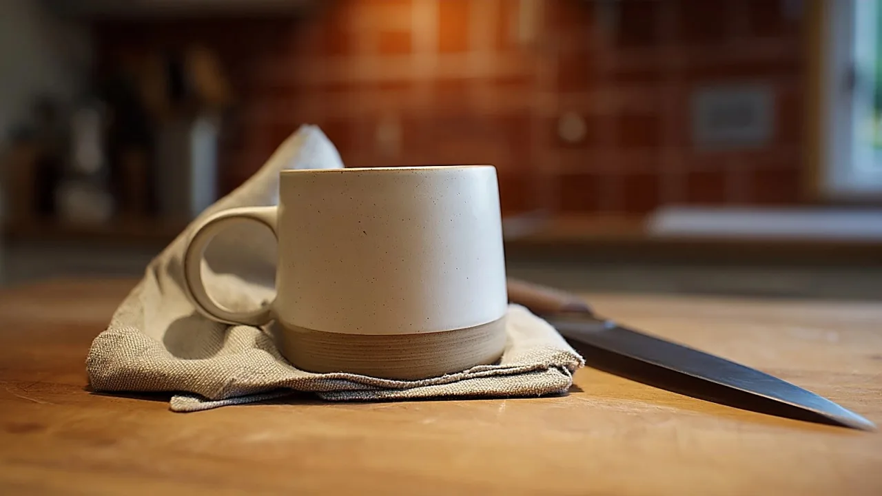 El fondo de una taza de cerámica esconde un afilador.